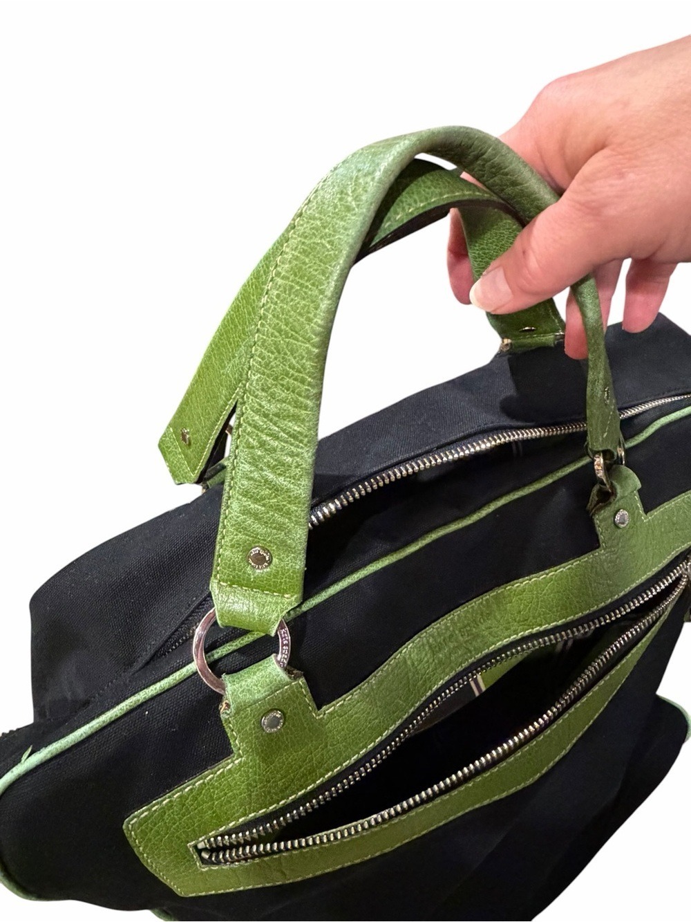 Kate Spade New York Canvas Tote Bag Navy Green Leather Trim - Picture 11 of 15